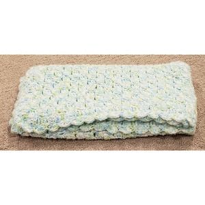 Beautiful Hand Crocheted Blue/Green/White Baby Blanket- 31" x 32"